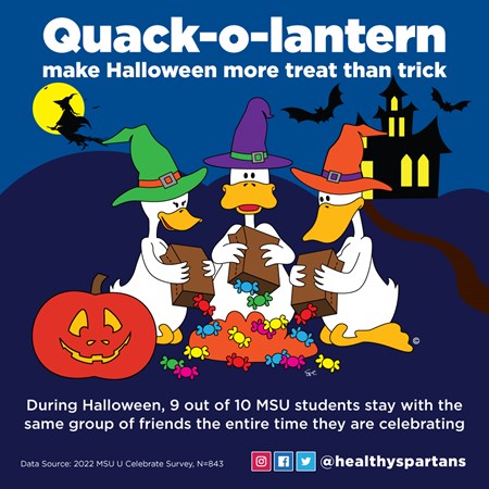 quack o lantern msu social norms message. The text reads: Quack-o-Lantern, make Halloween more treat than trick. During Halloween, 9 out of 10 MSU students stay with the same group of friends the entire time they are celebrating.