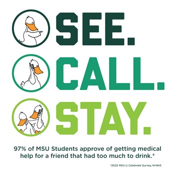 MSU see call stay medical amnesty message. Includes "97% of MSU Students approve of getting medical help for a friend that had too much to drink." message