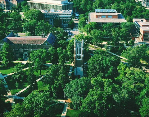 Aerial shot of MSU's campus featuring Beaumont Tower