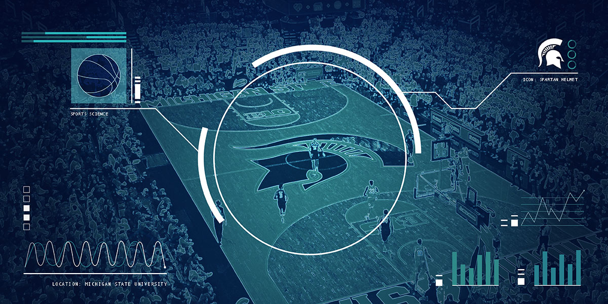 An image of the basketball court at the Breslin Center overlaid with graphs, lines and charts
