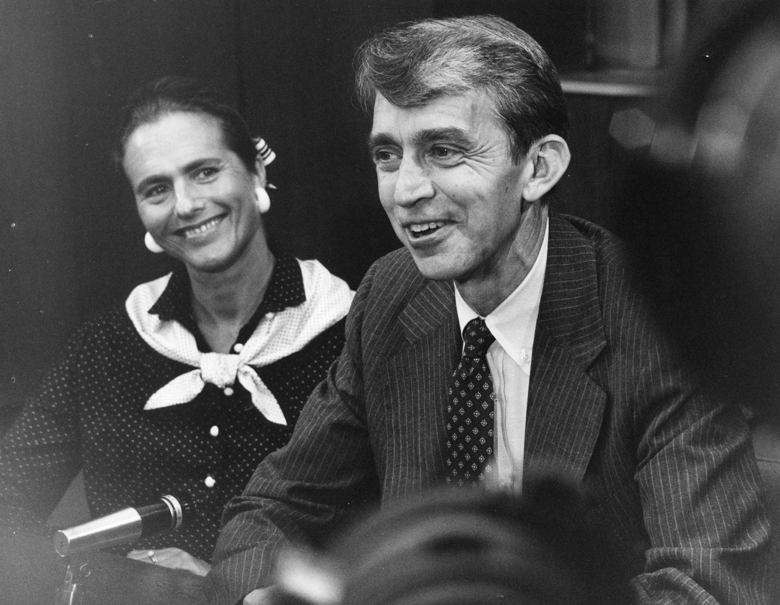 Cecil Mackey and his wife, Clare, attend a news conference in June 1979, just weeks before Mackey was inaugurated as the 16th president of Michigan State University.
