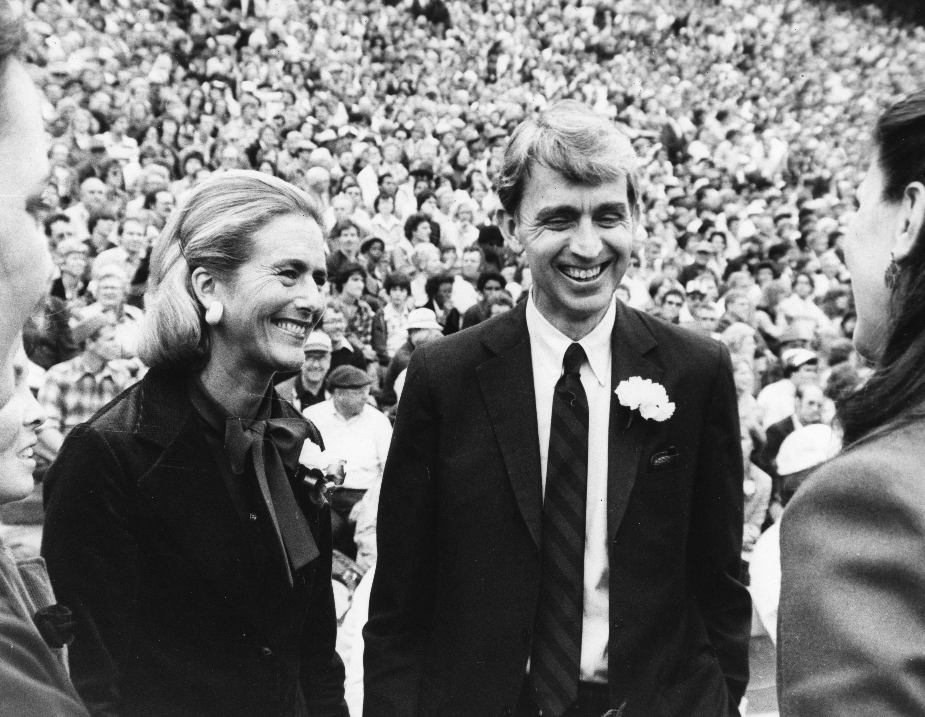 MSU President Cecil Mackey and his wife, Clare, attend the 1979 homecoming game at Spartan Stadium.